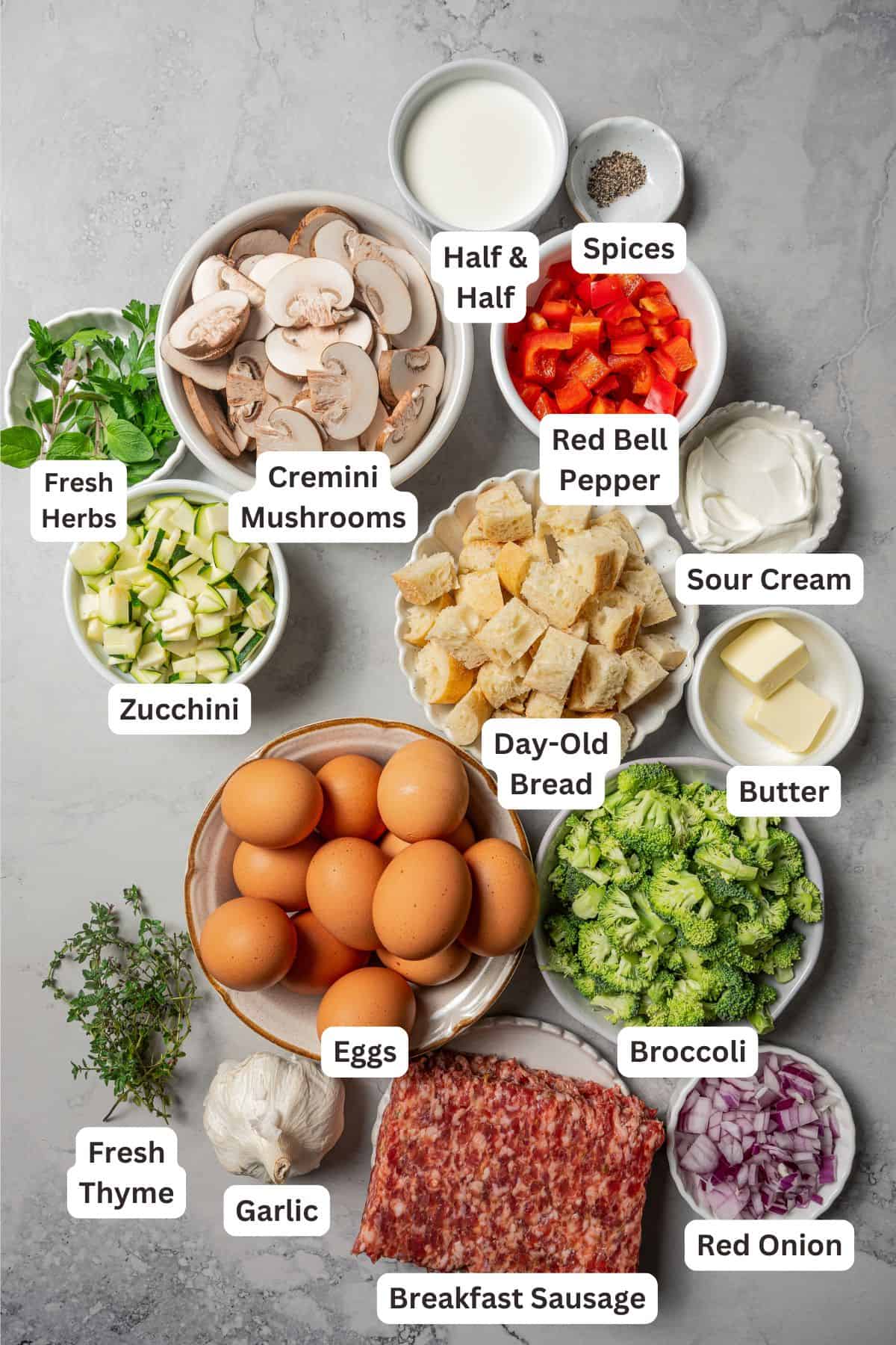 Breakfast casserole ingredients with text labels overlaying each ingredient.