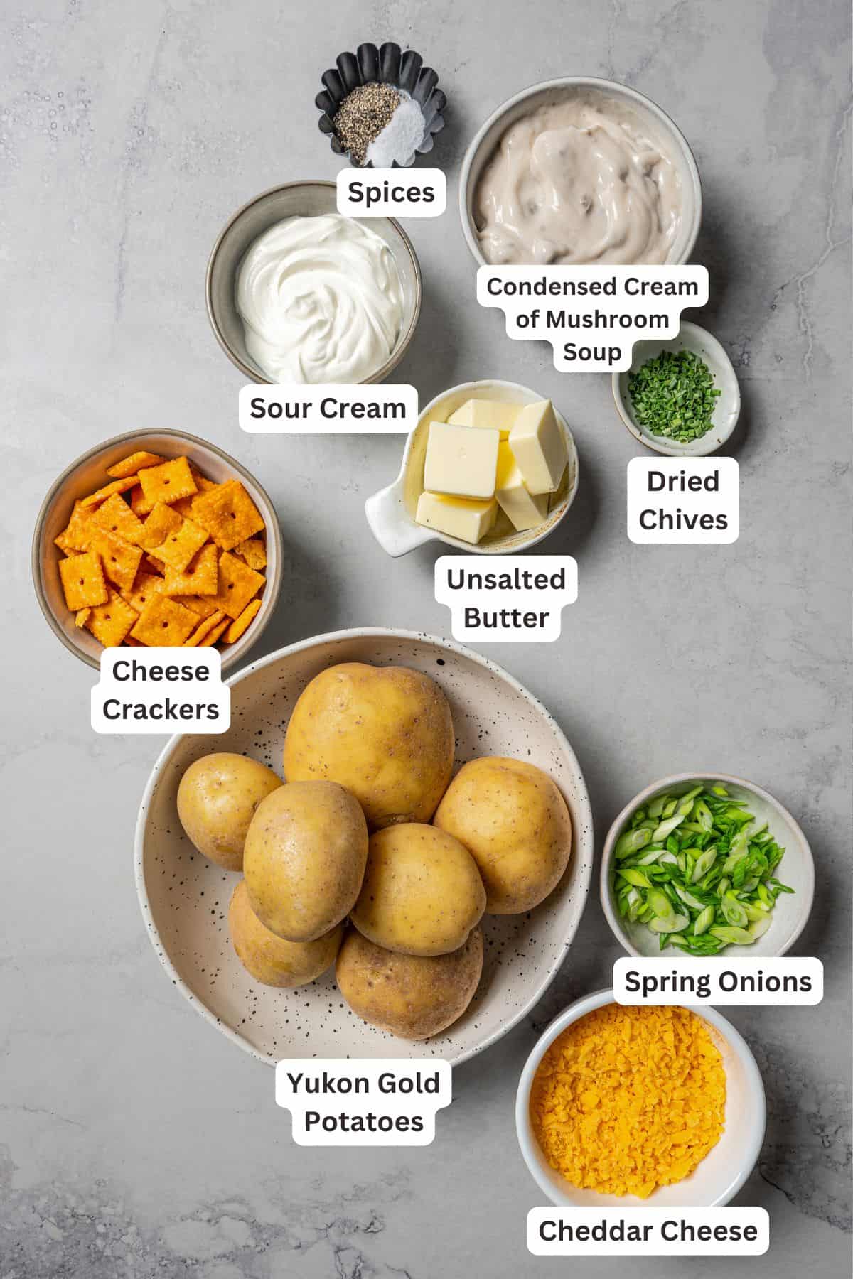 Ingredients for cheesy potatoes with text labels overlaying each ingredient.