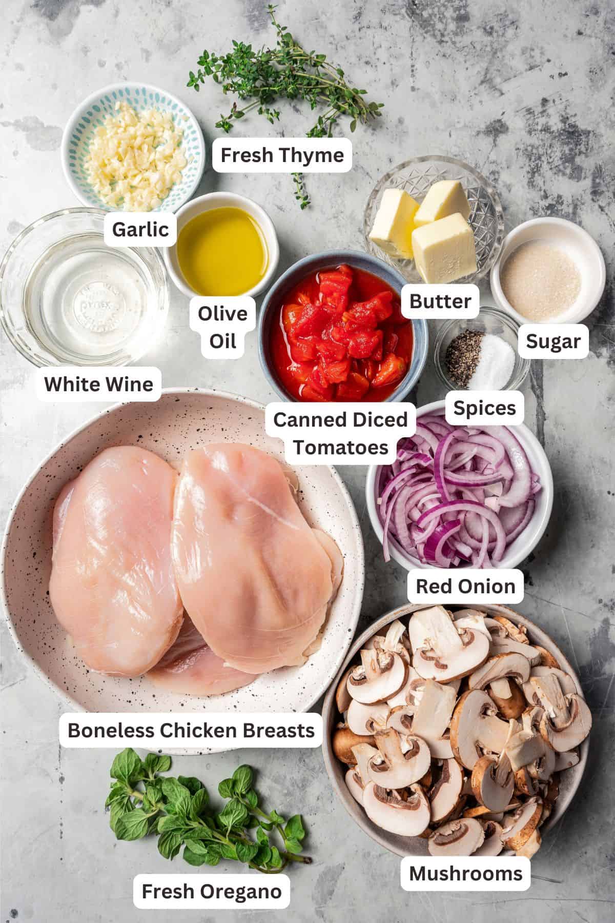 Ingredients for chicken chasseur.