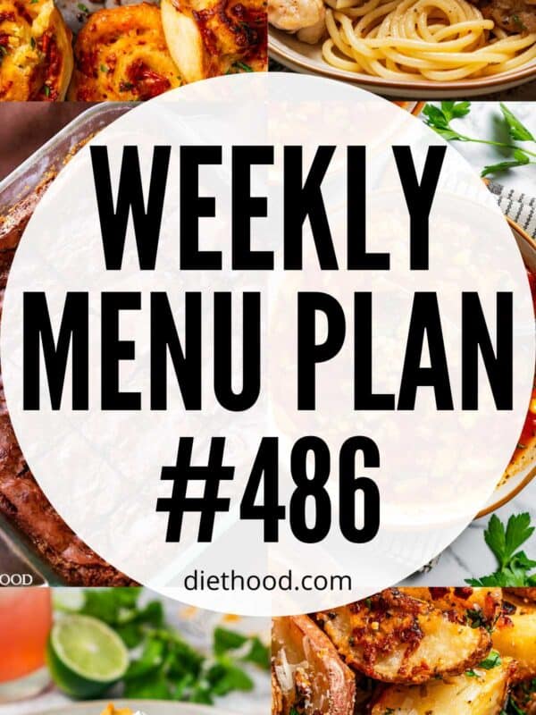 Weekly Menu Plan 486 six image collage Pinterest image.