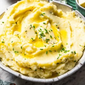 Bowl of creamy buttermilk mashed potatoes.