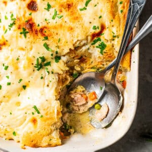 Chicken cobbler in a baking dish with a scoop being taken out.