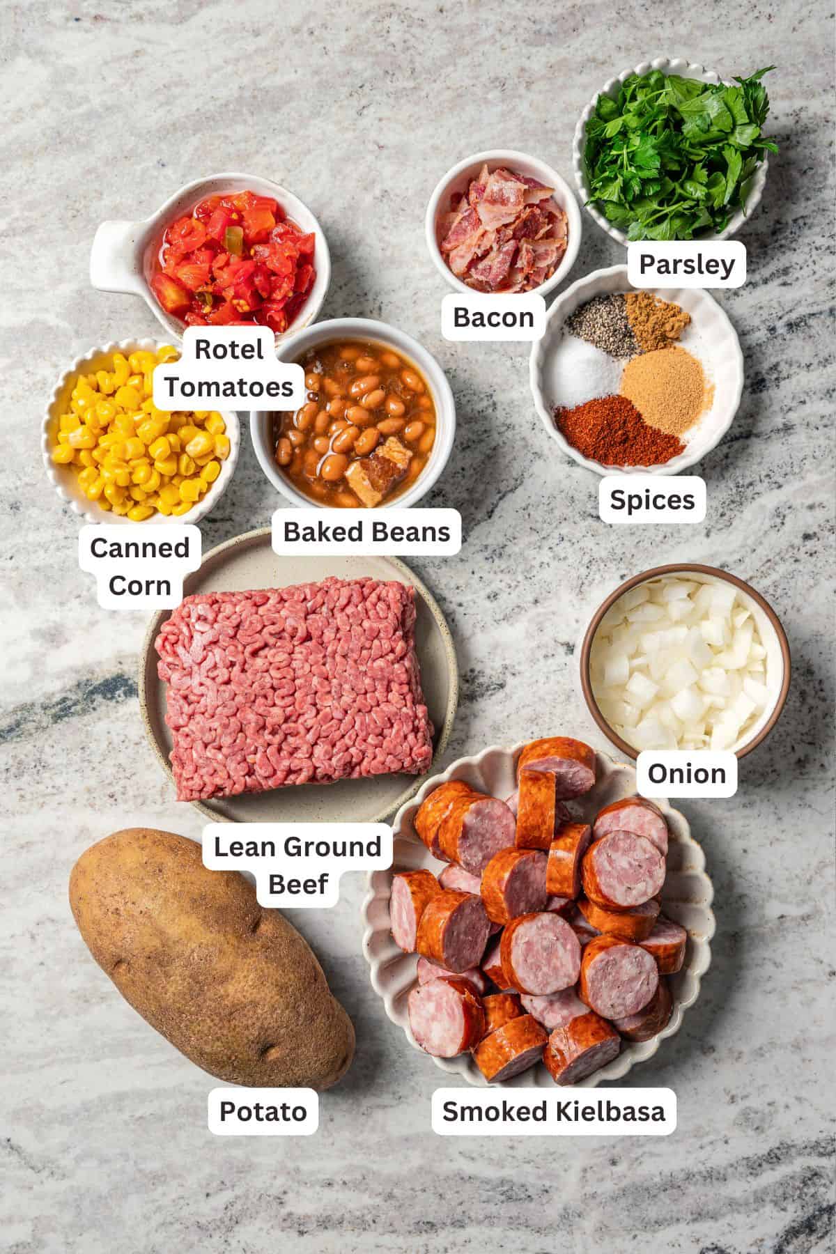 Ingredients for cowboy stew with text labels overlaying each ingredient.