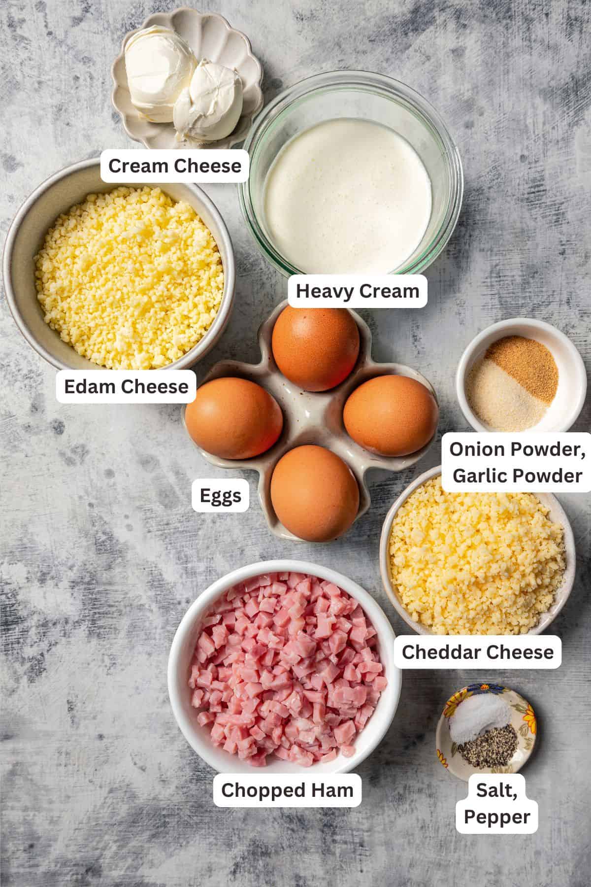 Ham and cheese quiche ingredients with text labels overlaying each ingredient.