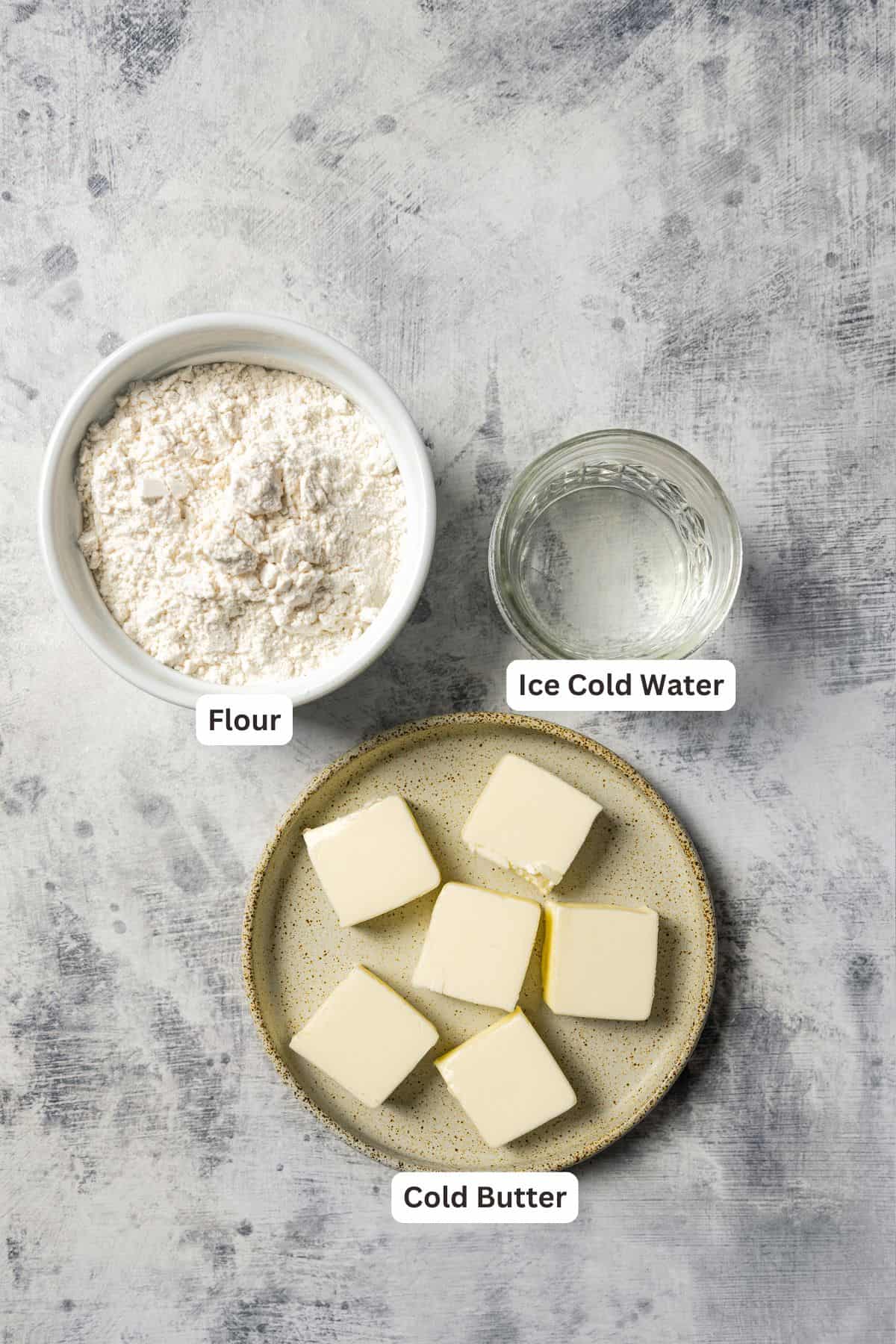 Pie crust ingredients with text labels overlaying each ingredient.