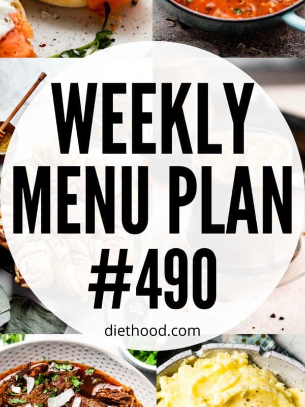 Weekly Menu Plan 490 six image collage Pinterest image.