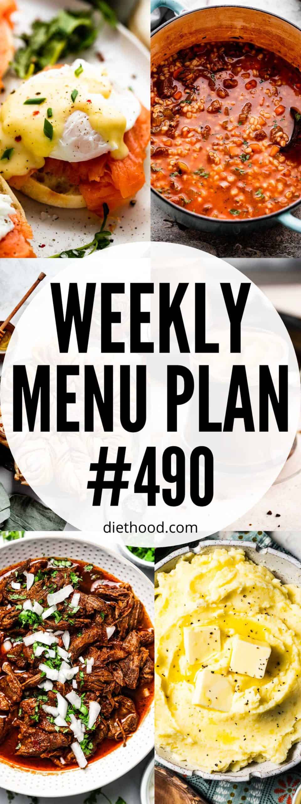 Weekly Menu Plan 490 six image collage Pinterest image.