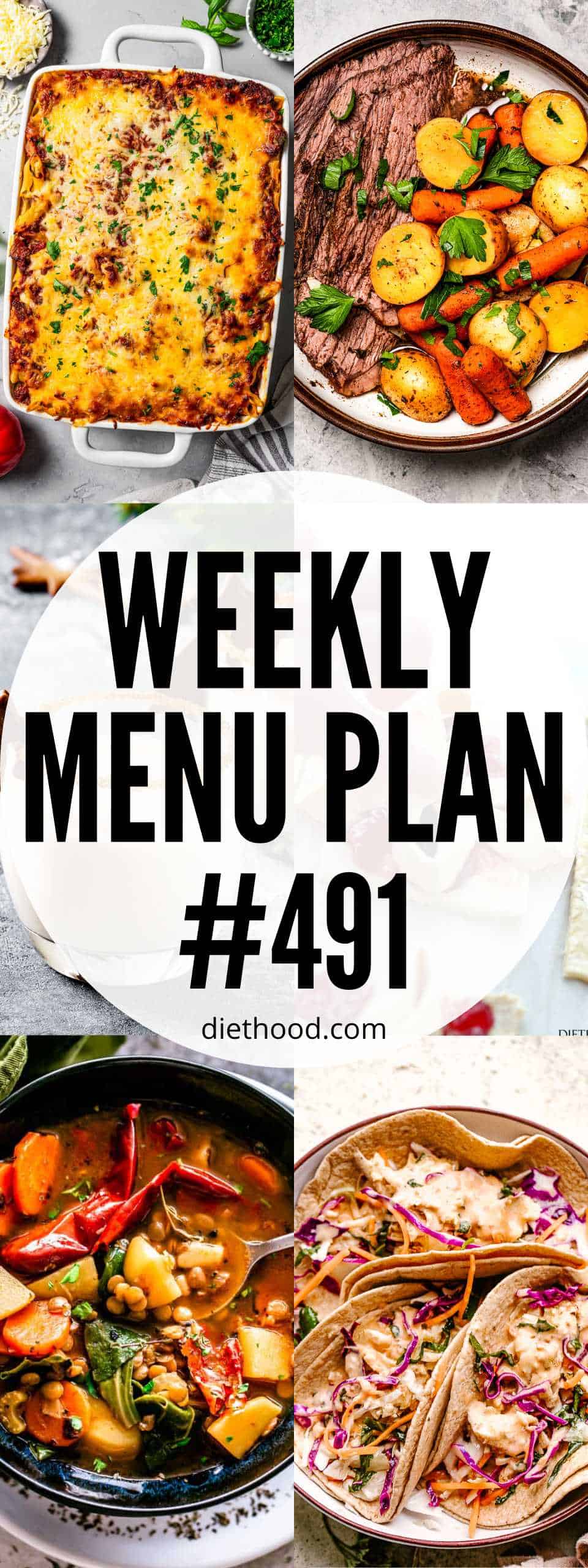 Weekly Menu Plan 491 six image collage Pinterest image.