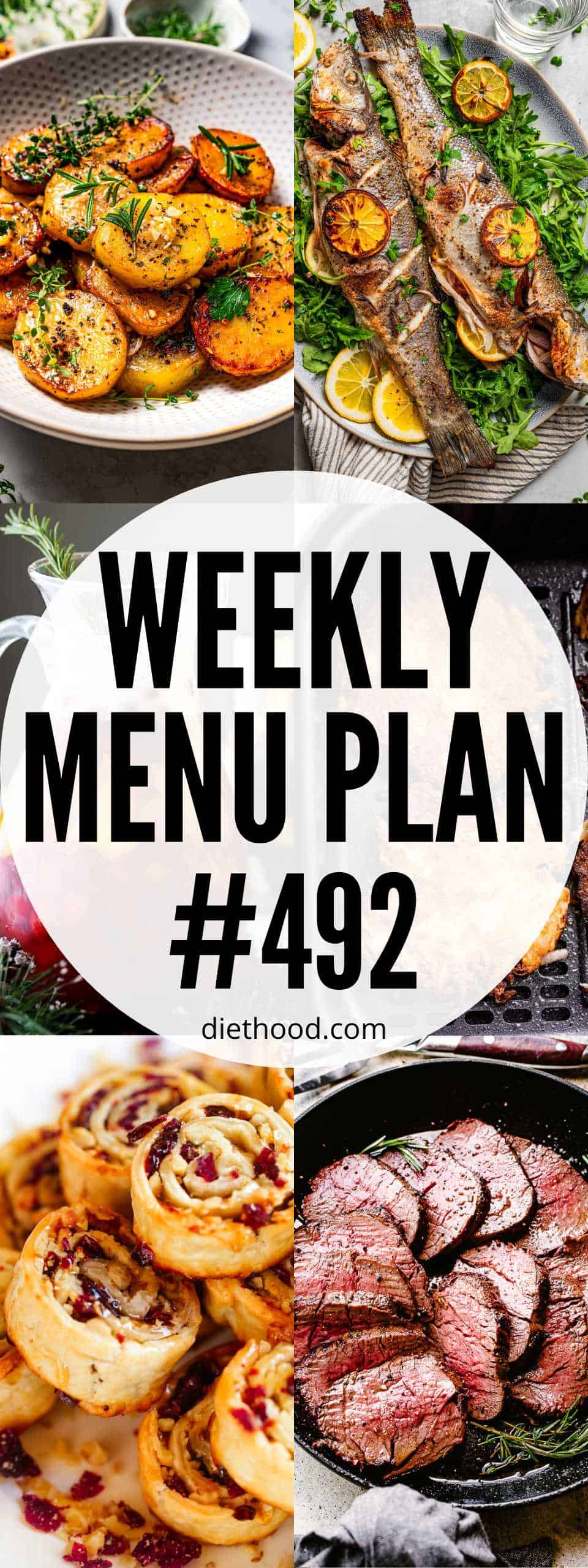 Weekly Menu Plan 492 six image collage Pinterest image.