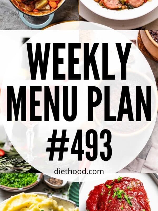 Weekly Menu Plan 493 six image collage Pinterest image.