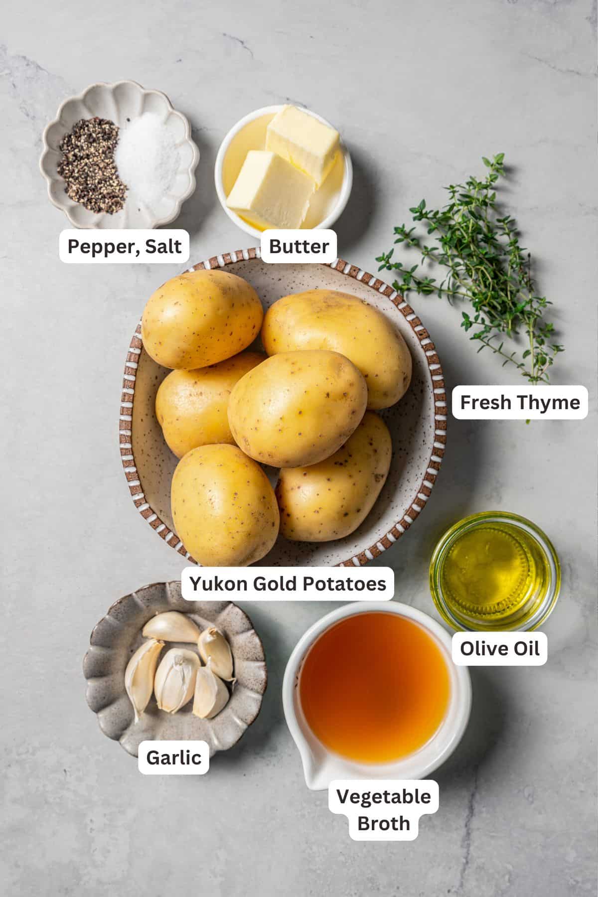 Melting potatoes ingredients with text labels overlaying each ingredients.