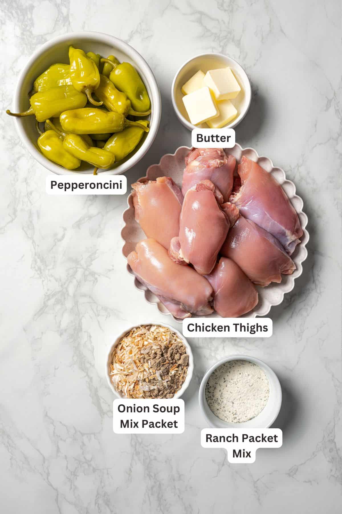 Ingredients for Mississippi chicken with text labels overlaying each ingredient.