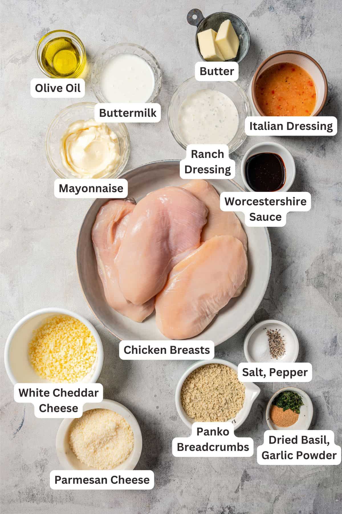 Parmesan crusted chicken ingredients with text labels overlaying each ingredient.