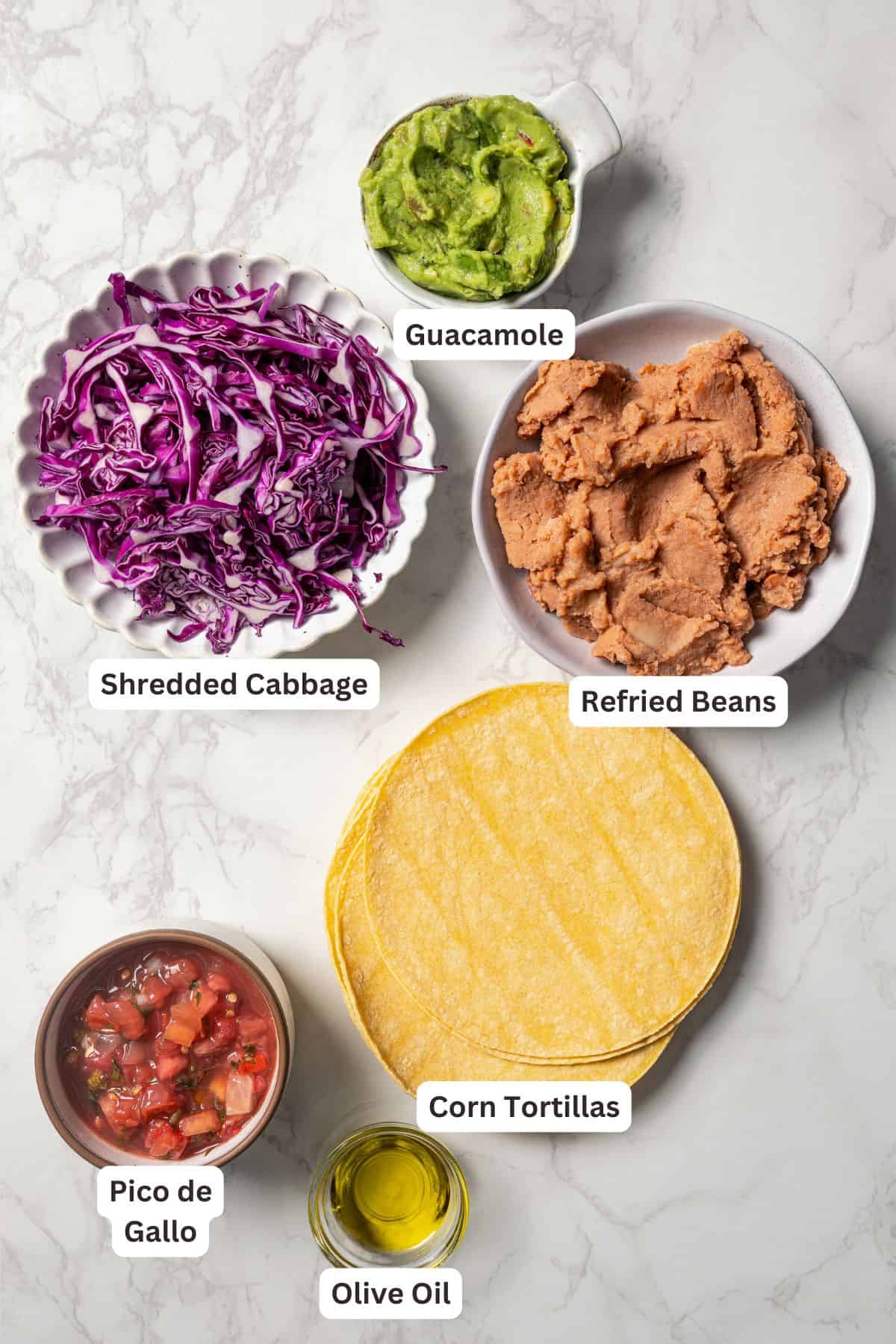 Tostadas ingredients with text labels overlaying each ingredient.