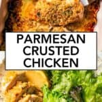 Parmesan crusted chicken Pinterest image with text overlay.