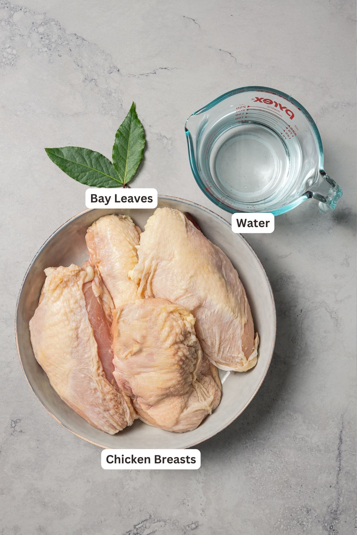 Poached chicken ingredients with text labels overlaying each ingredient.