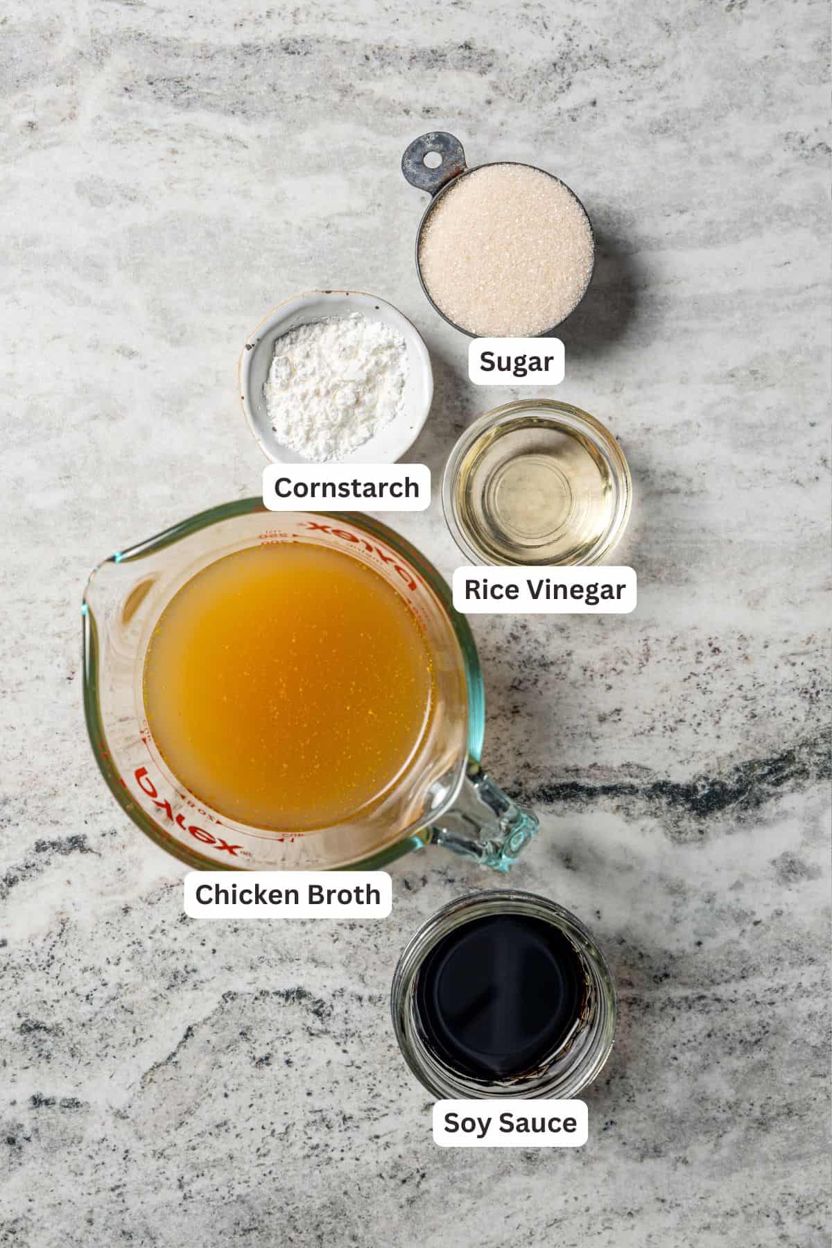 Stir fry sauce ingredients with text labels overlaying each ingredient.