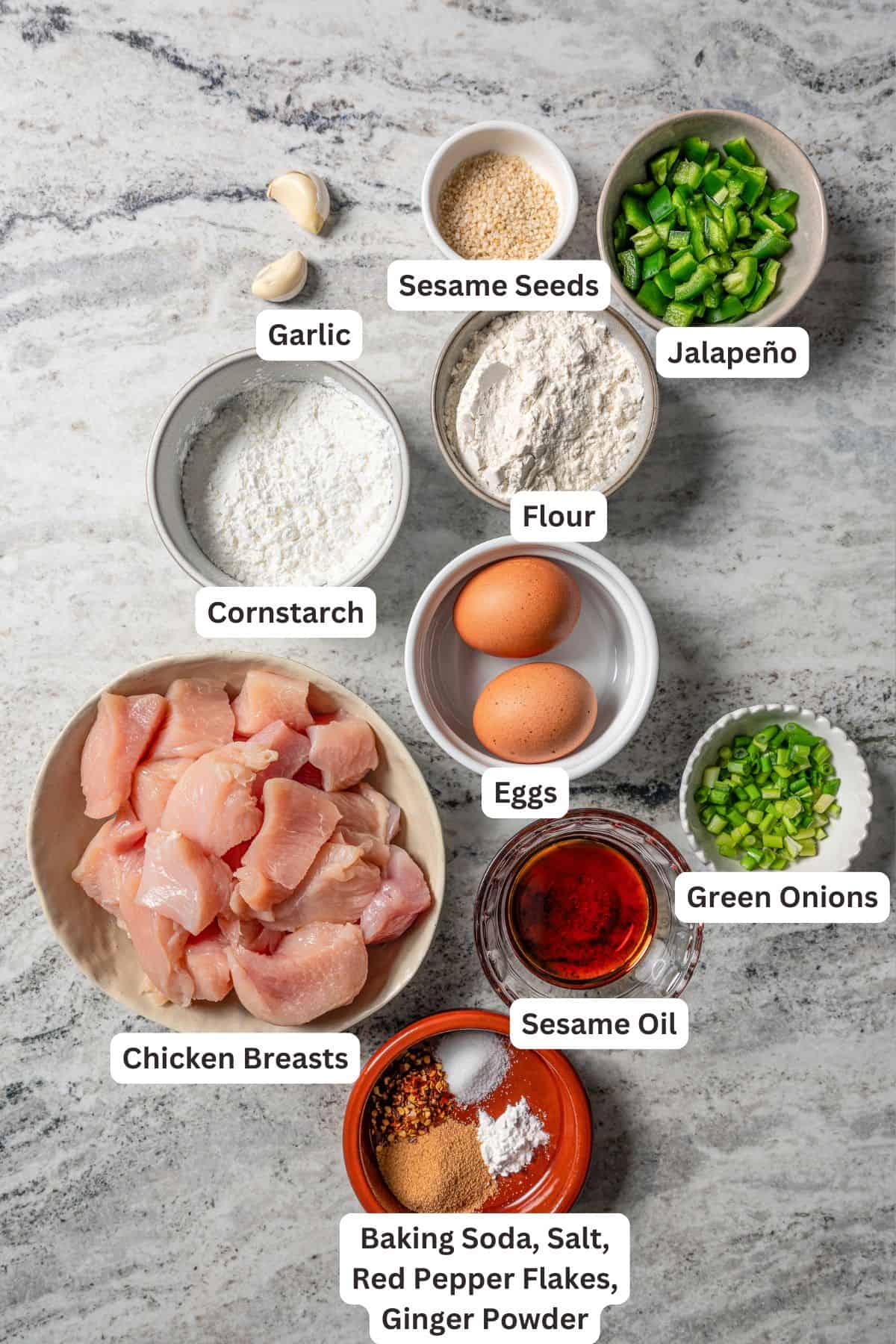 Empress chicken ingredients with text labels overlaying each ingredient.