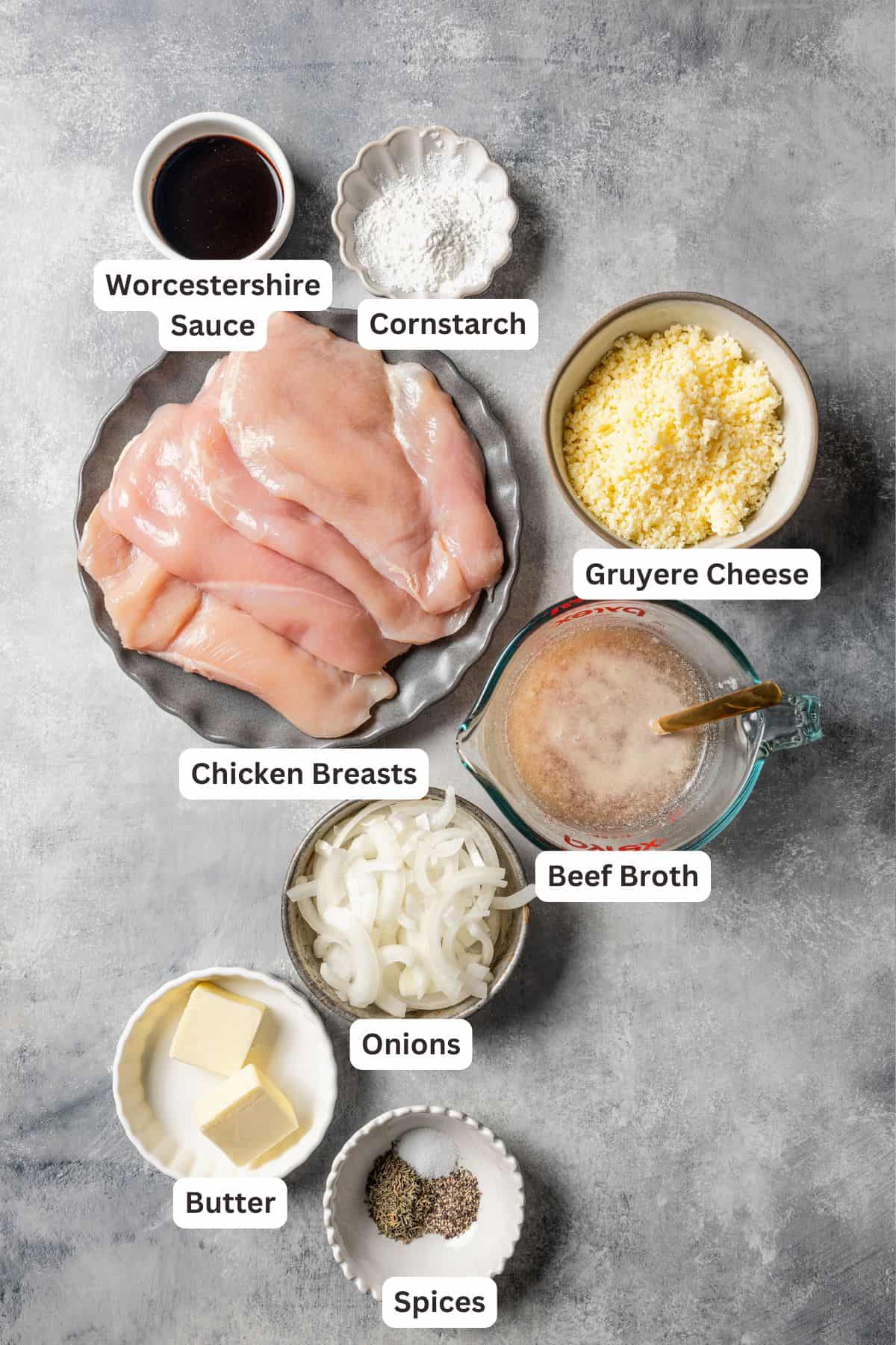 Ingredients for French onion soup chicken with text labels overlaying each ingredient.