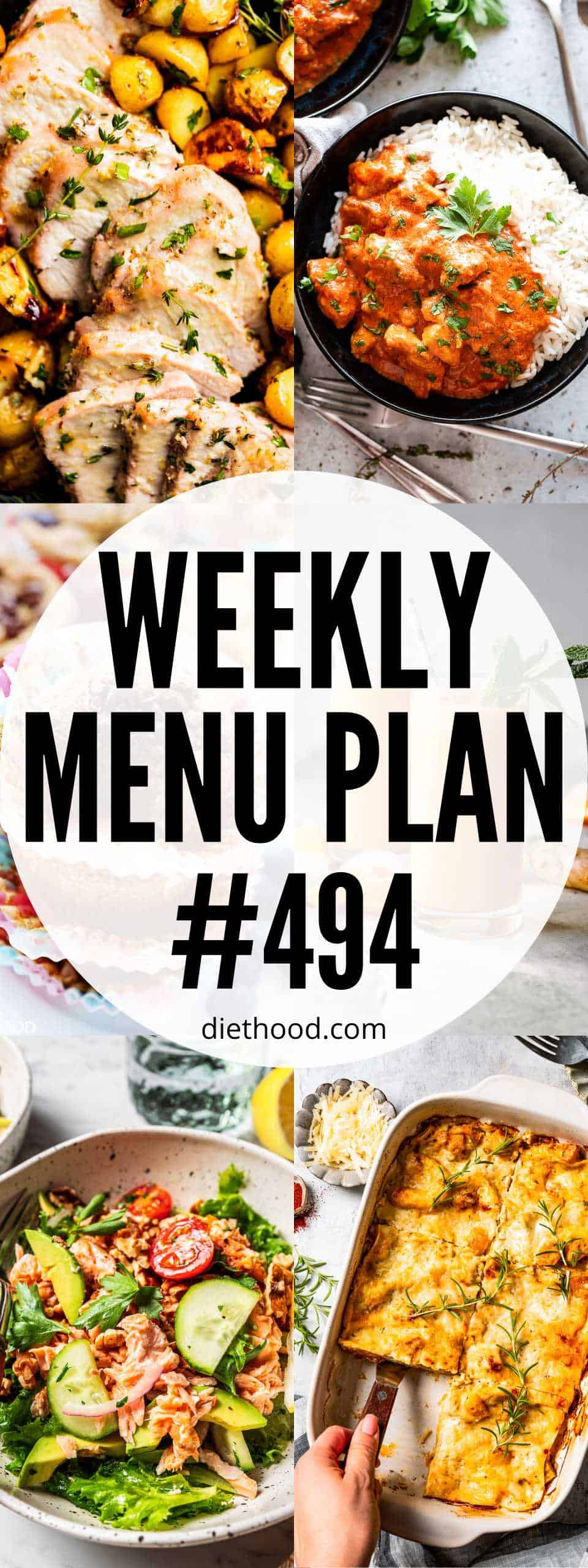 Weekly Menu Plan 494 six image collage Pinterest image.