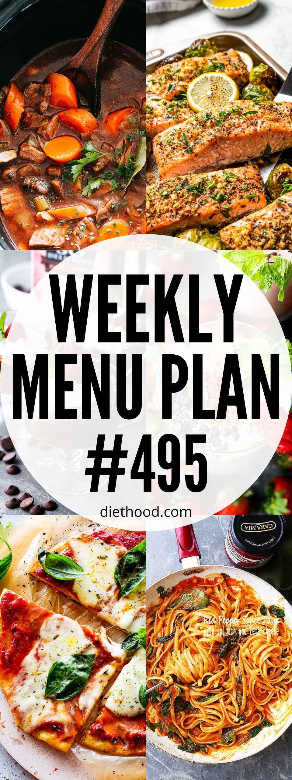 Weekly Menu Plan 495 six image collage Pinterest image.