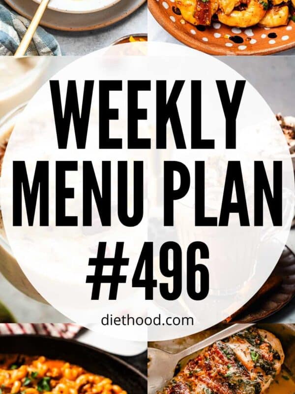 Weekly Menu Plan 496 six image collage Pinterest image.