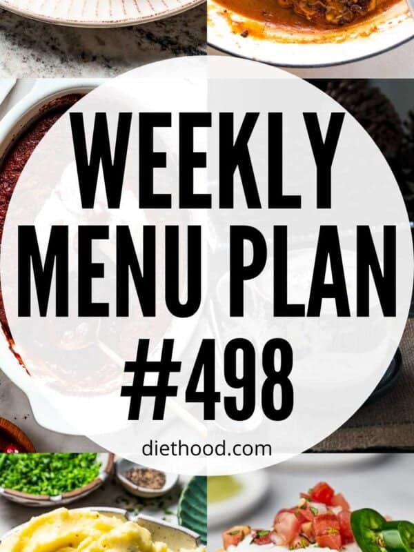 Weekly Menu Plan 498 six image collage Pinterest image.