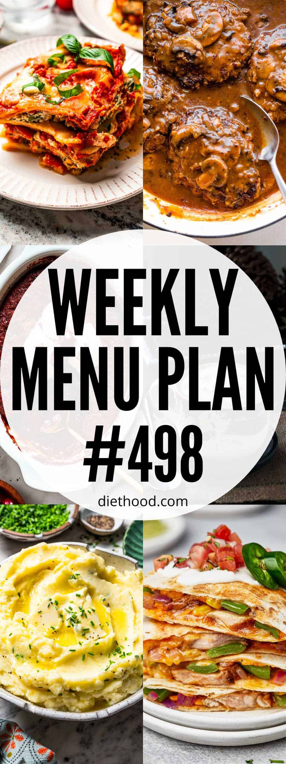 Weekly Menu Plan 498 six image collage Pinterest image.