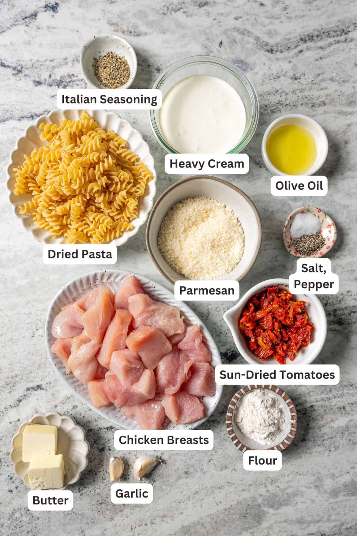 Marry me chicken pasta ingredients with text labels overlaying each ingredient.