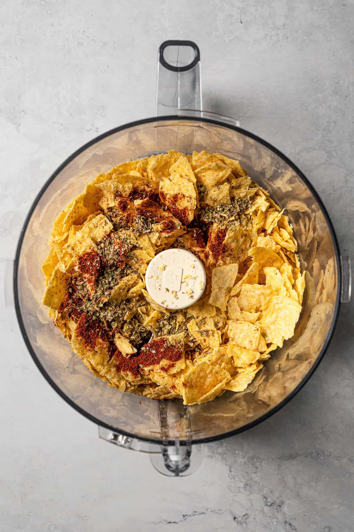 Breading ingredients combined in a food processor.