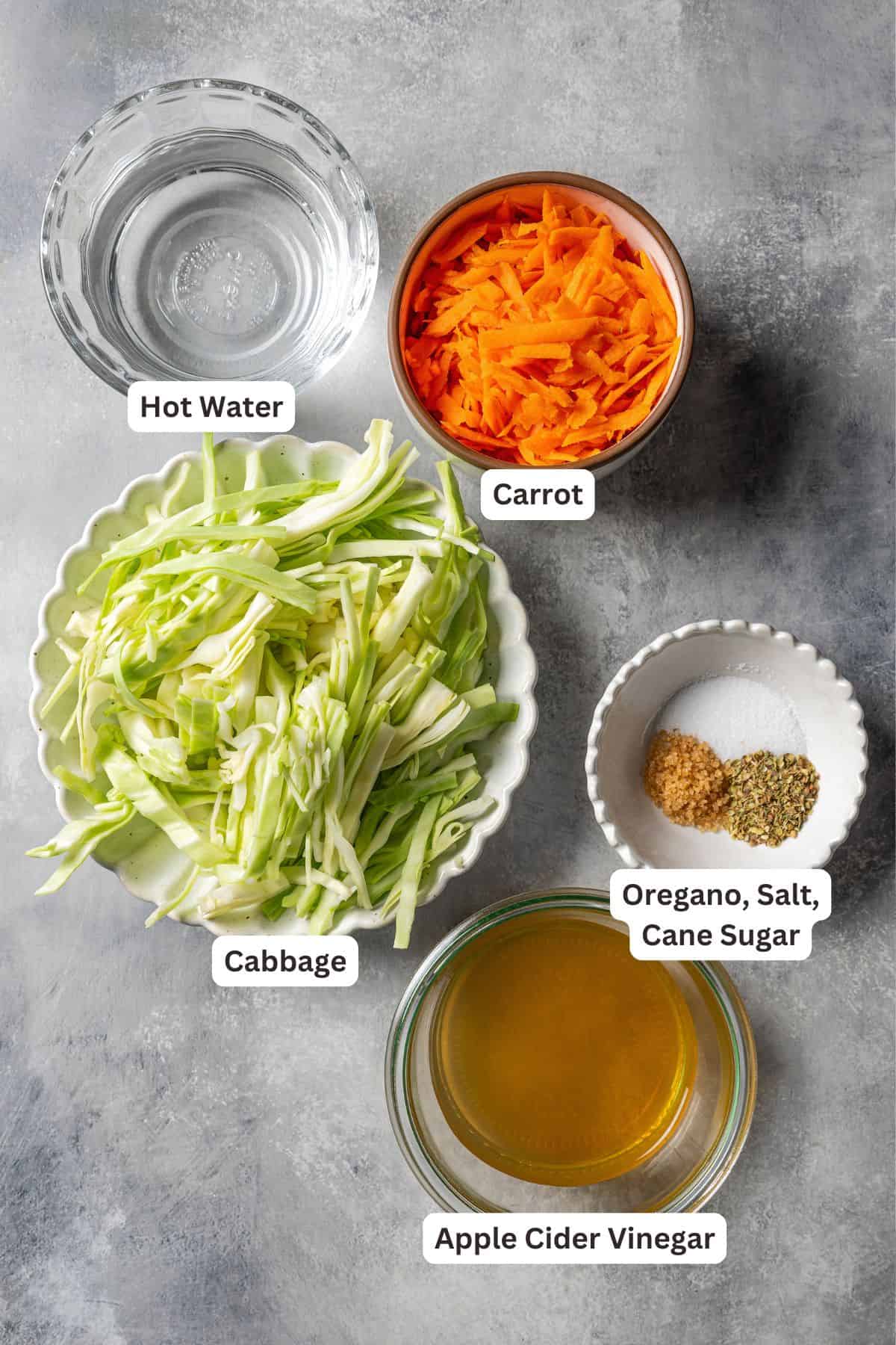 Curtido ingredients with text labels overlaying each ingredient.