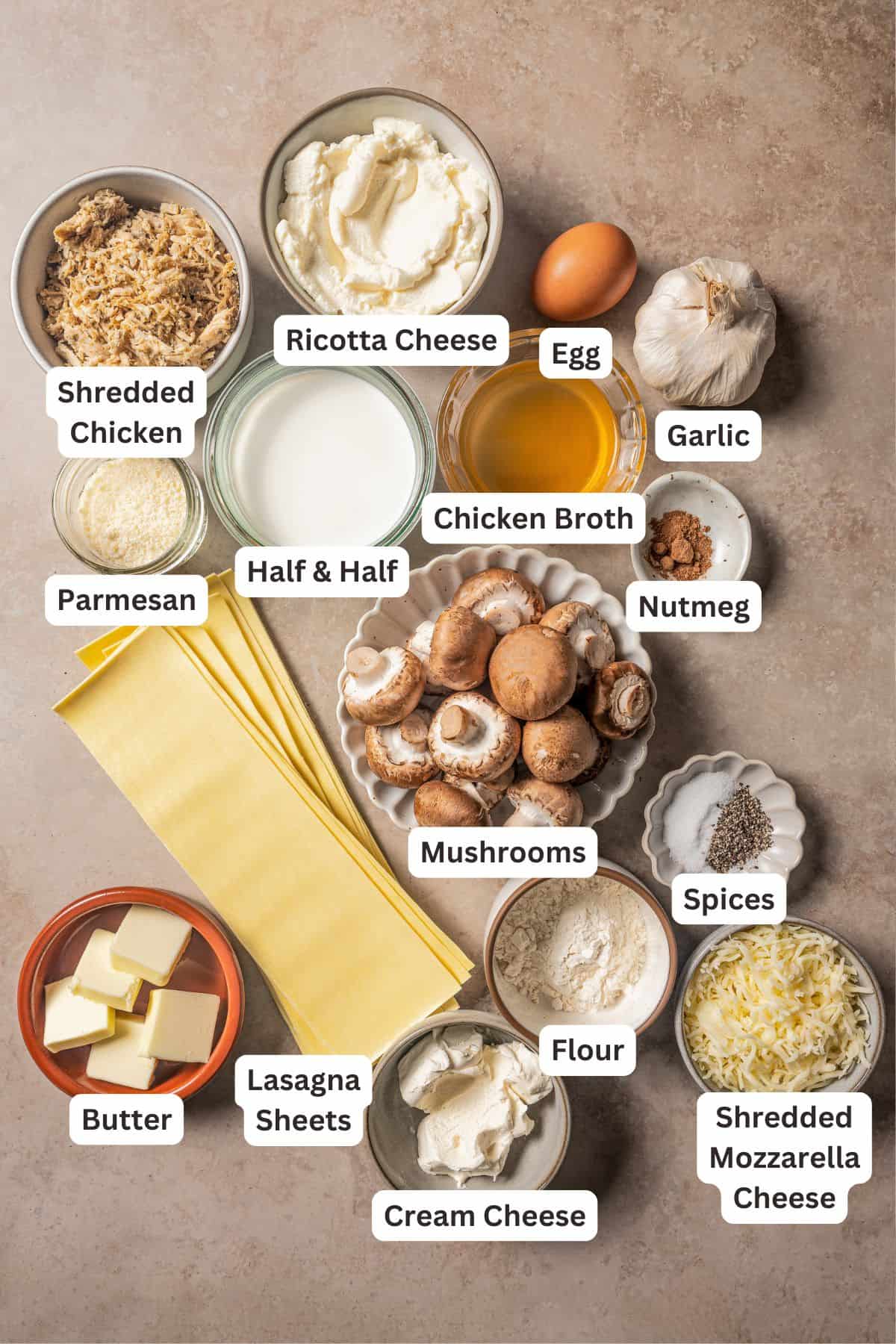 White chicken lasagna ingredients with text labels overlaying each ingredient.