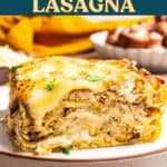 White chicken lasagna social media image with text overlay.