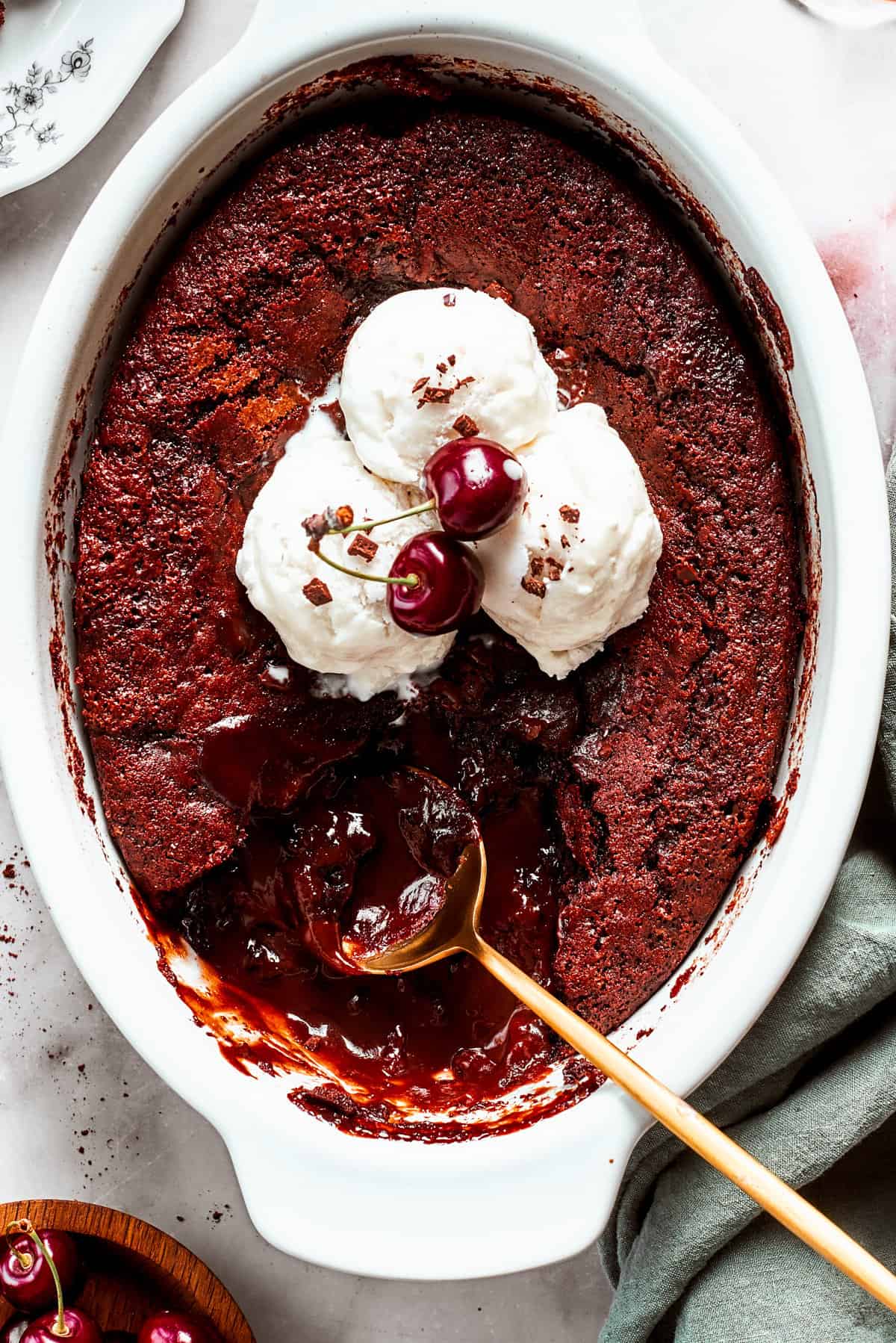 Chocolate Pudding Cake in an oval baking dish.