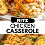 Ritz chicken casserole long Pinterest image with text overlay.