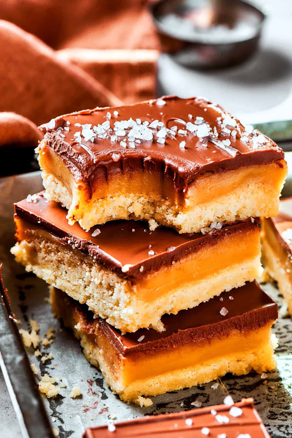 Stacked Millionaire bars dessert.