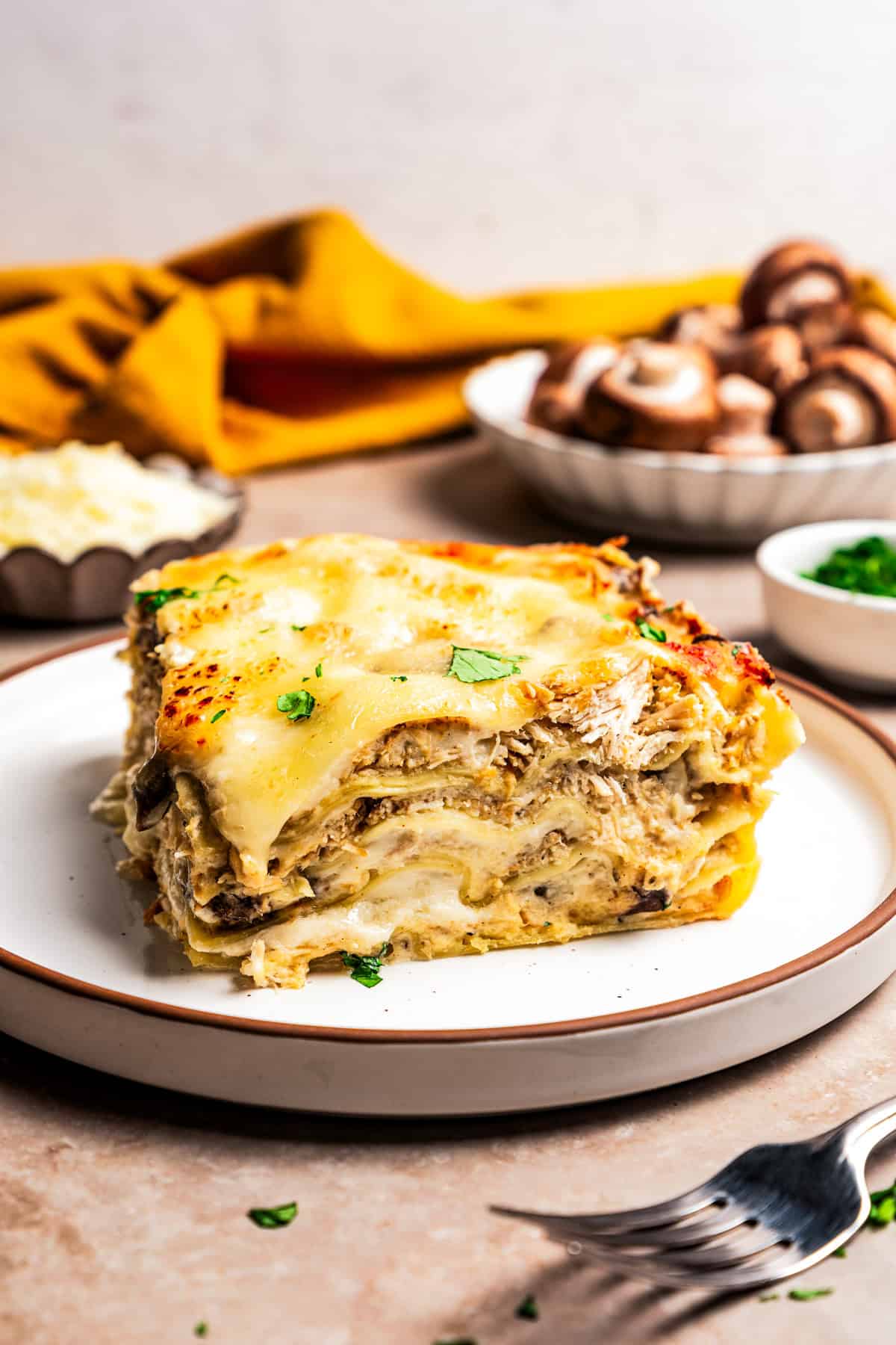 Chicken lasagna served on a dinner plate.