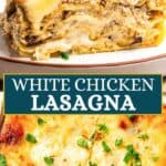 White chicken lasagna long Pinterest image with text overlay.