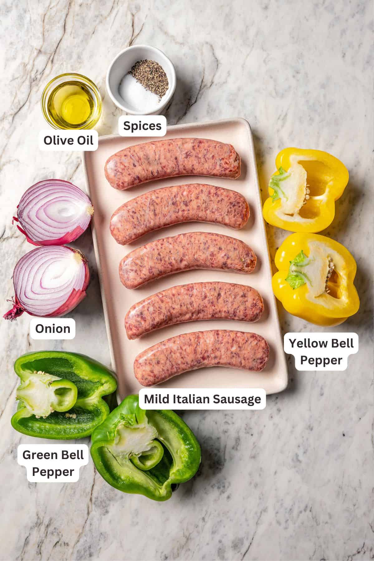 Ingredients for baked Italian sausage and peppers, with text labels overlaying each ingredient.