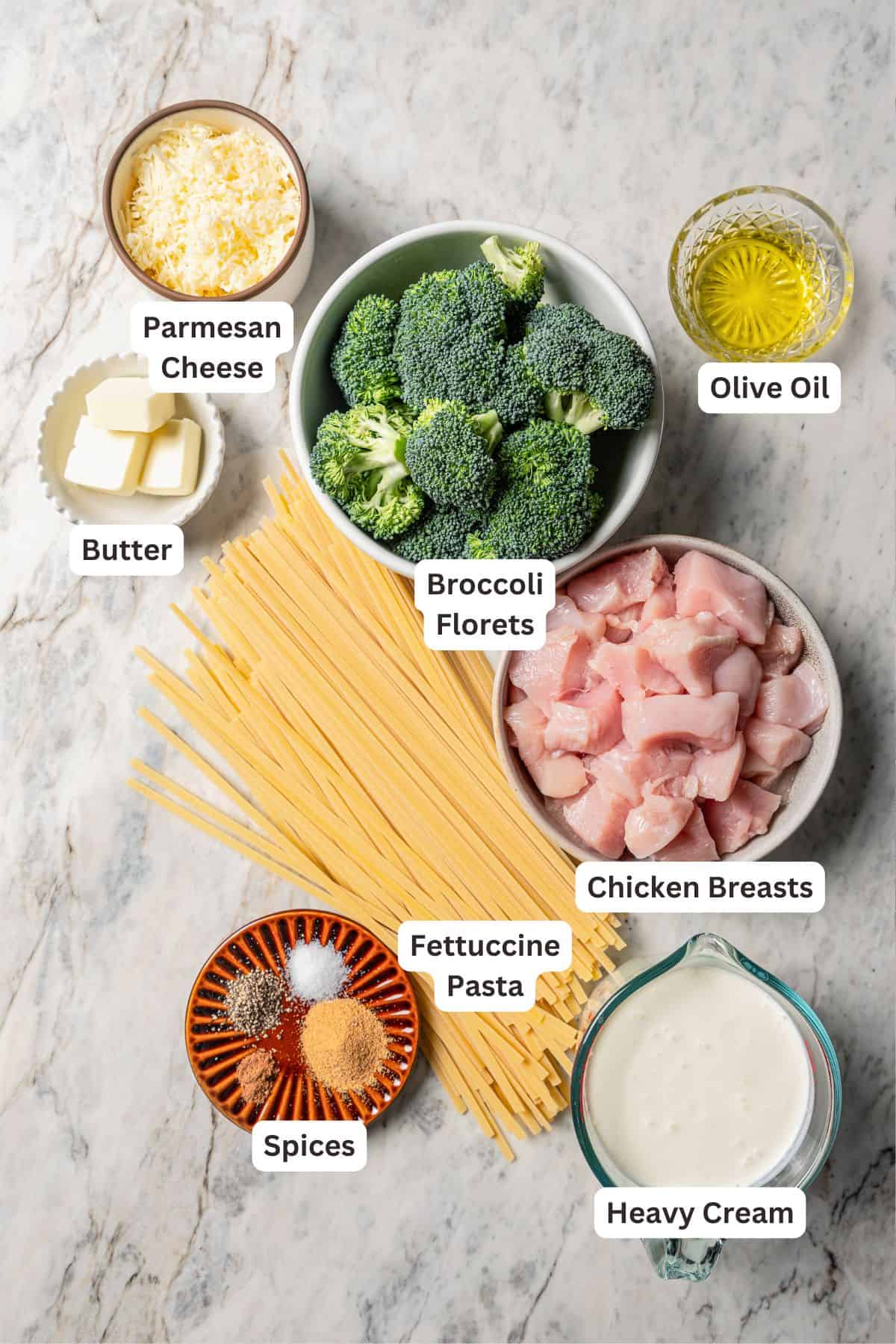 Ingredients for chicken fettuccine alfredo with broccoli with text labels overlaying each ingredient.