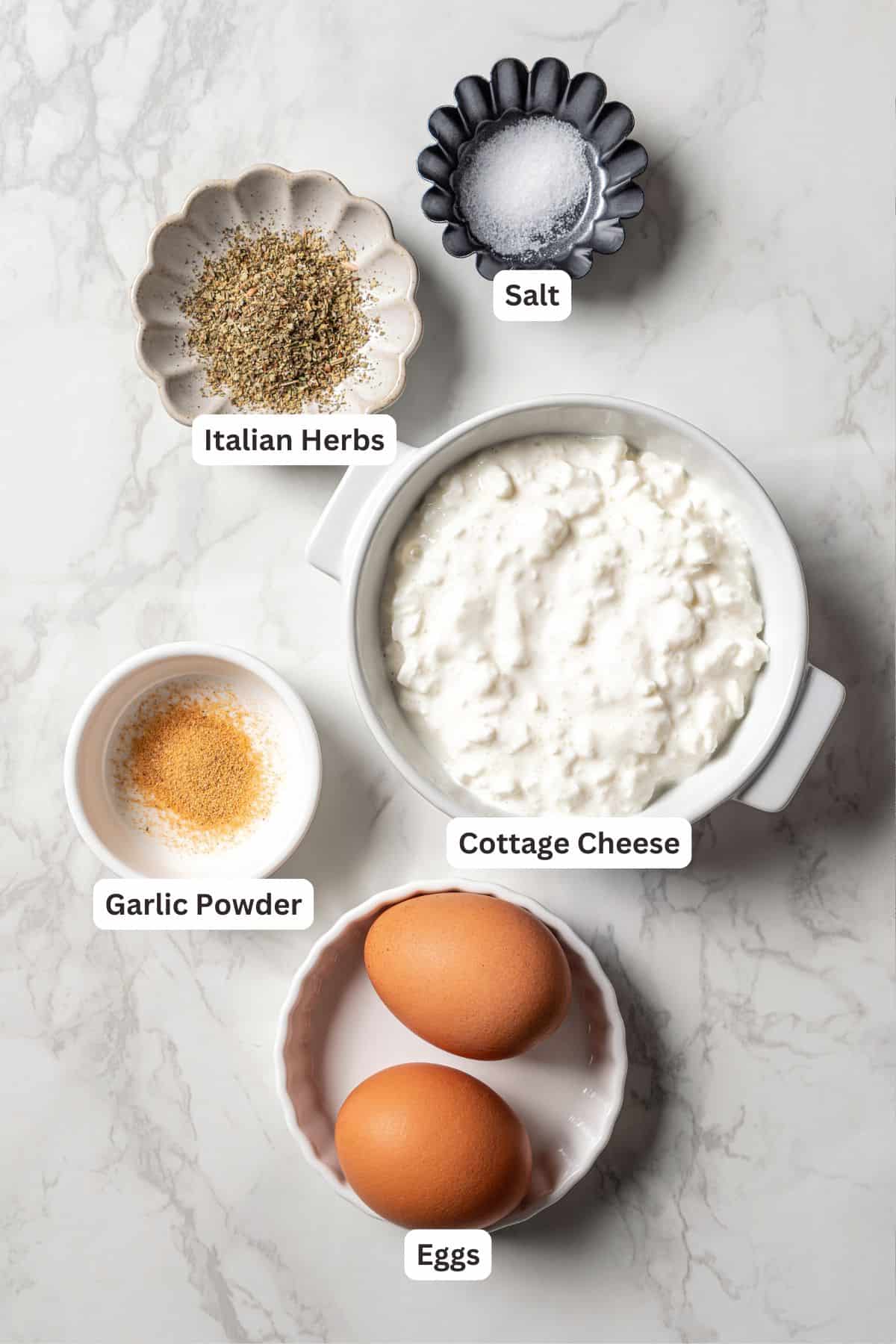 Cottage cheese flatbread ingredients with text labels overlaying each ingredient.