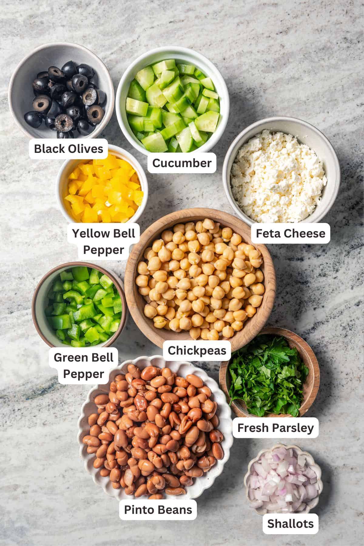 Dense bean salad ingredients with text labels overlaying each ingredient.