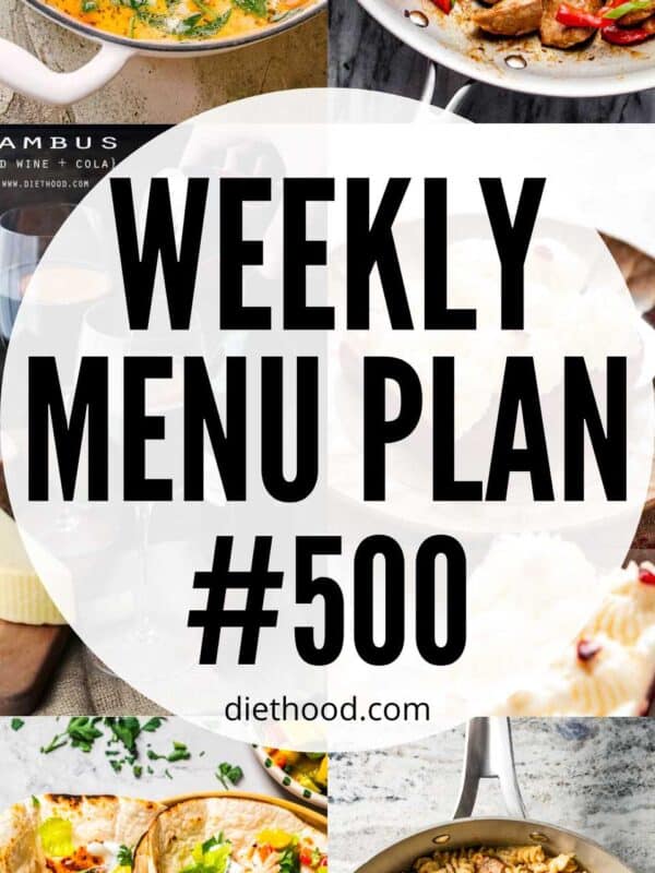 Weekly Menu Plan 500 six-image collage Pinterest images.