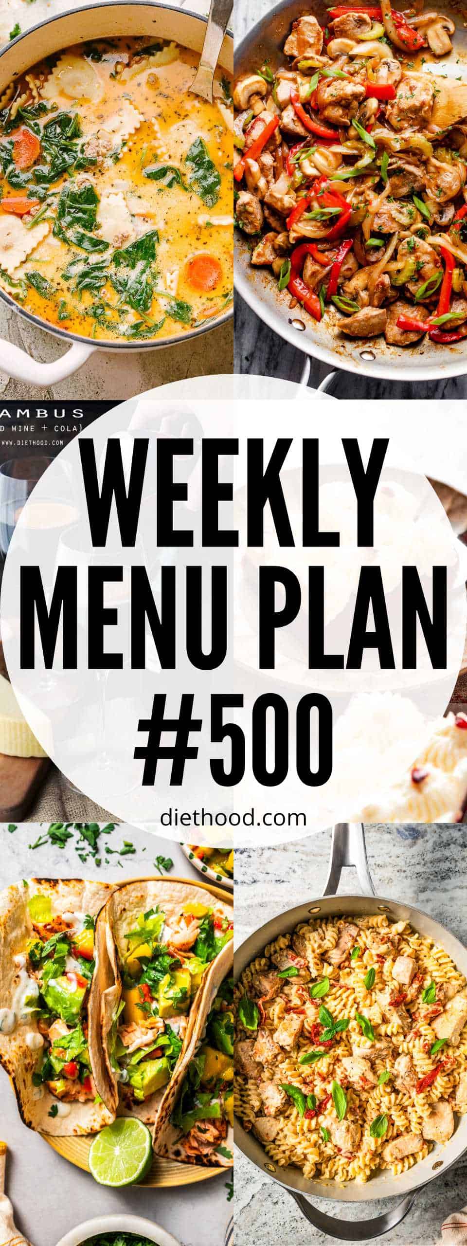 Weekly Menu Plan 500 six-image collage Pinterest images.