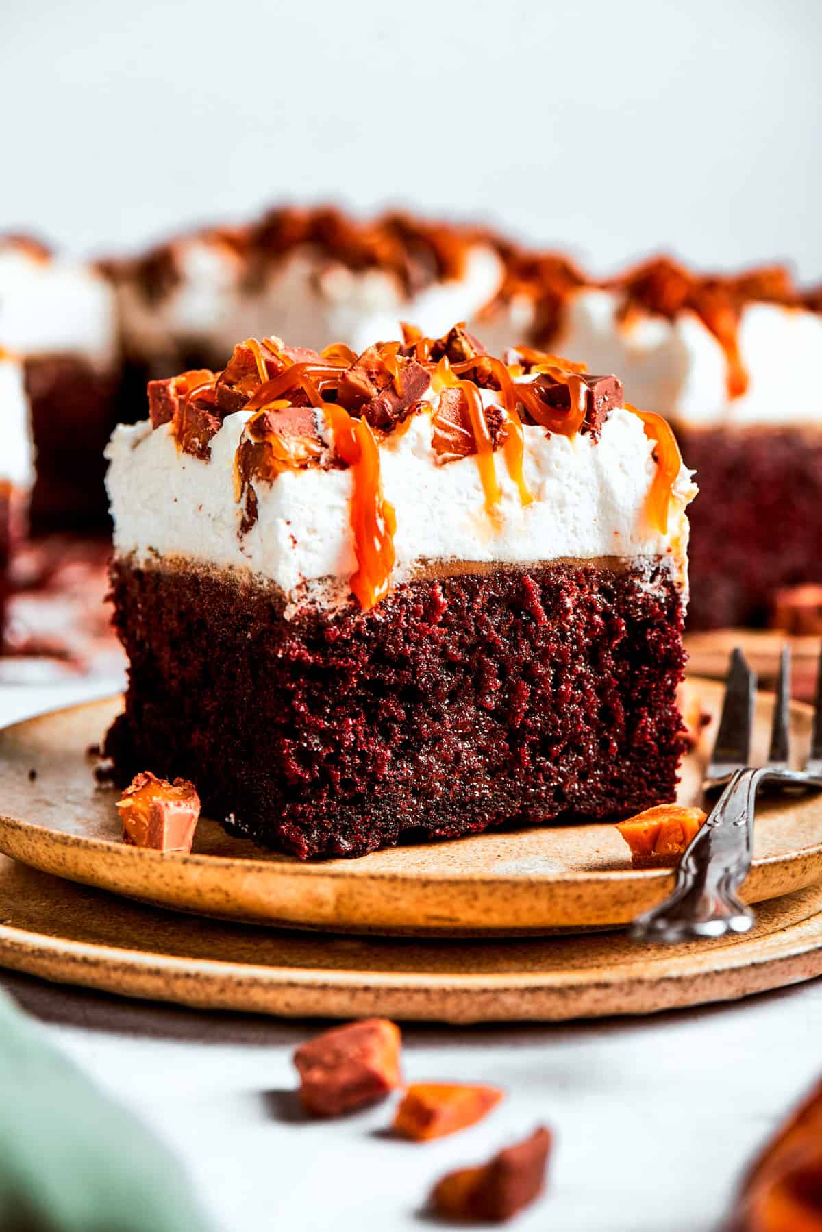 A slice of chocolate cake served on a plate.