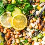 Close up of a bean salad served in a big bowl.