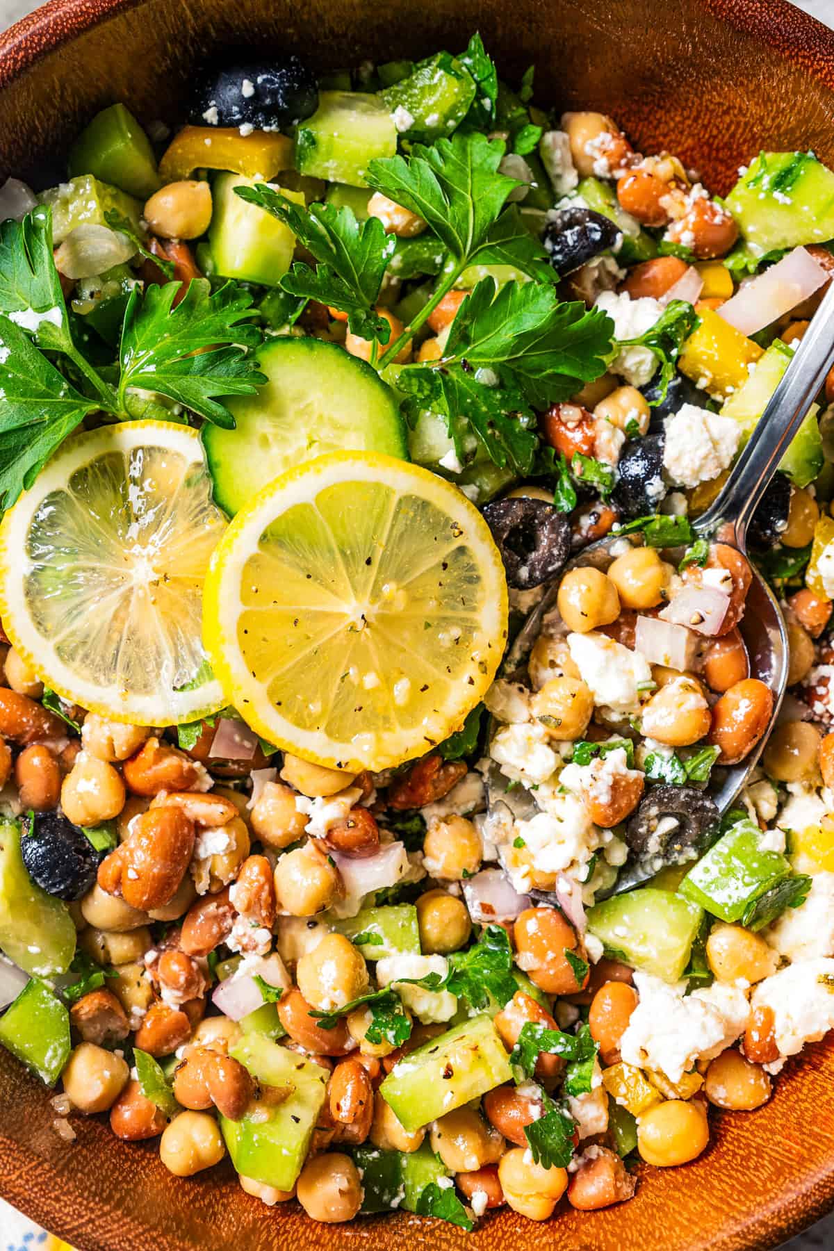 Close up of a bean salad served in a big bowl.