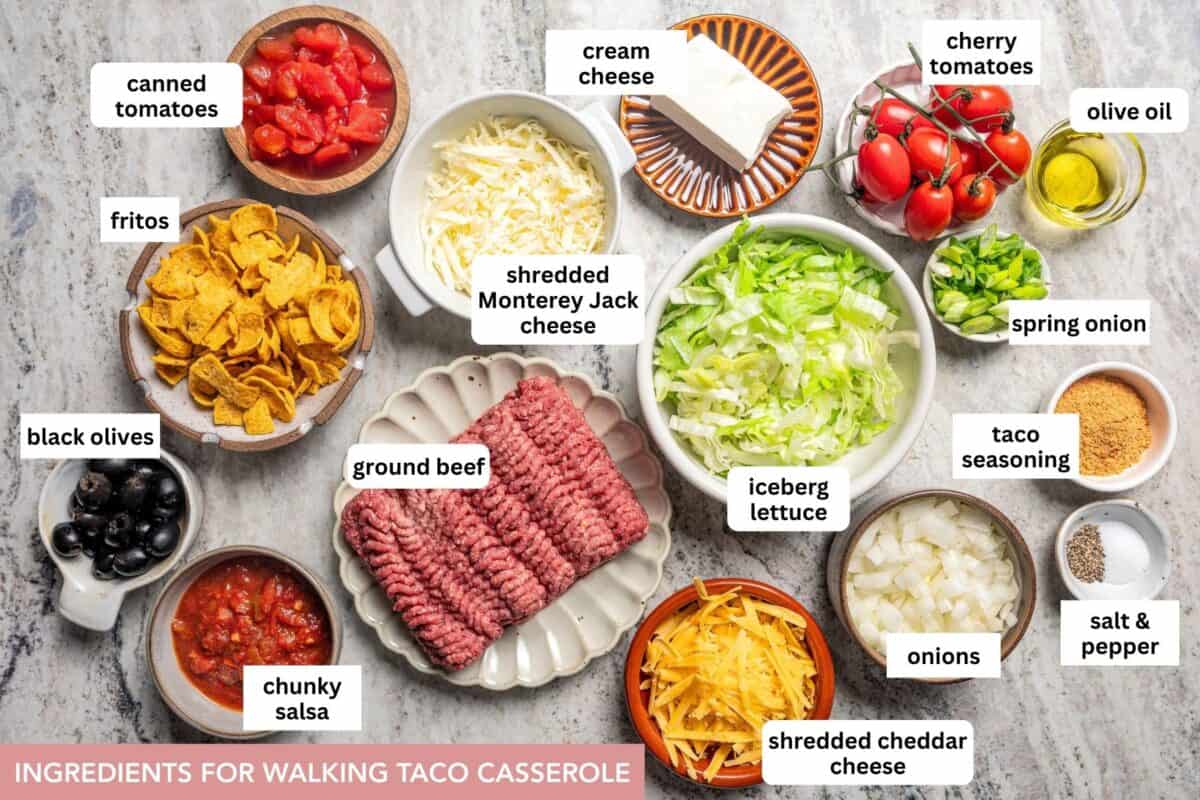 Walking taco casserole ingredients with text labels overlaying each ingredient.