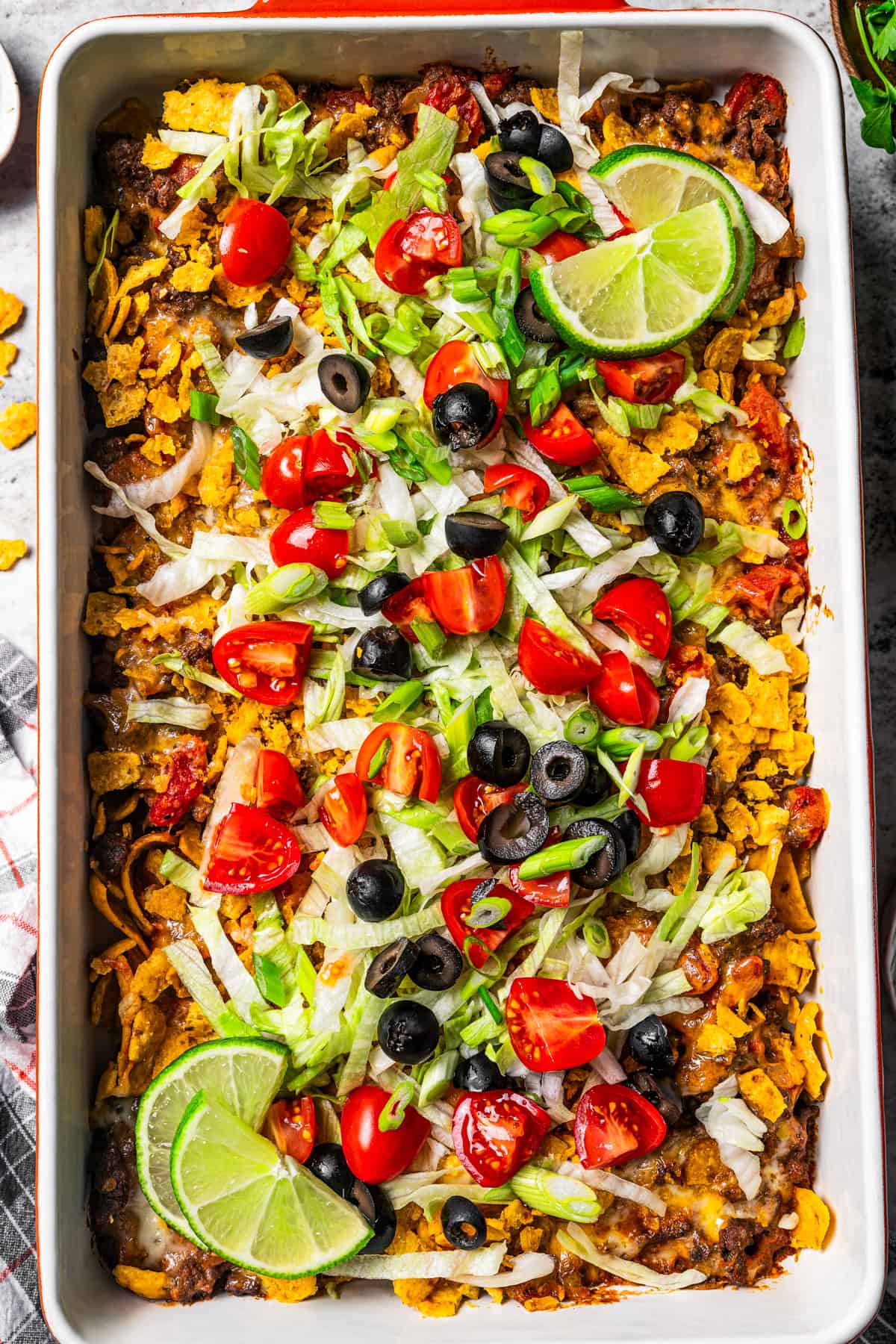 Walking Taco Casserole in a casserole dish.