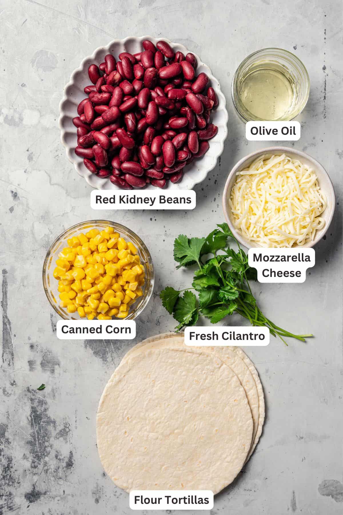 Pulled chicken taco ingredients with text labels overlaying each ingredient.